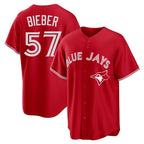 Silnrao T.Blue Jays #57 Shane Bieber Player Red Home Stitched Jerseys
