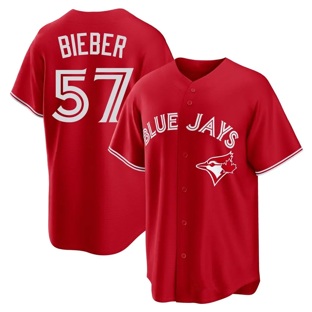 Silnrao T.Blue Jays #57 Shane Bieber Player Red Home Stitched Jerseys