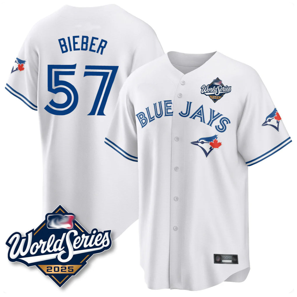 Silnrao T.Blue Jays #57 Shane Bieber Player White 2025 World Series All Stitched Jerseys