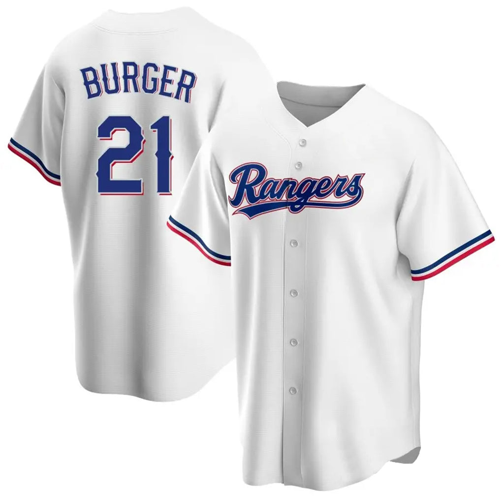 Silnrao T.Rangers #21 Jake Burger Player White Home Game Stitched Jerseys