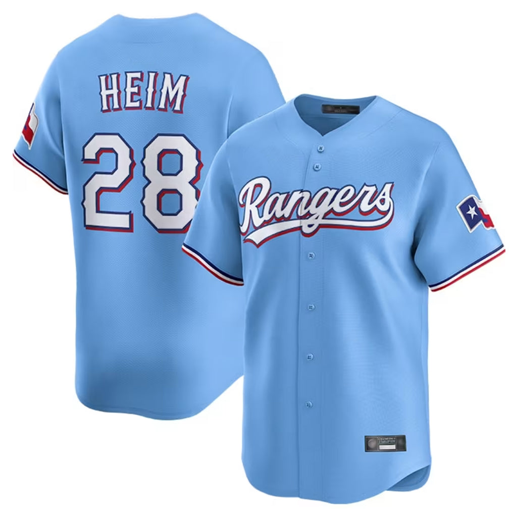 Silnrao T.Rangers #28 Jonah Heim Player Light Blue Home Limited Stitched Jerseys