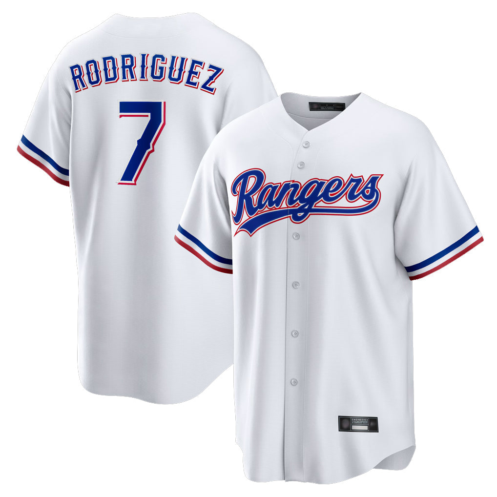 Silnrao T.Rangers #7 Ivan Rodriguez Player White Home Game Stitched Jerseys