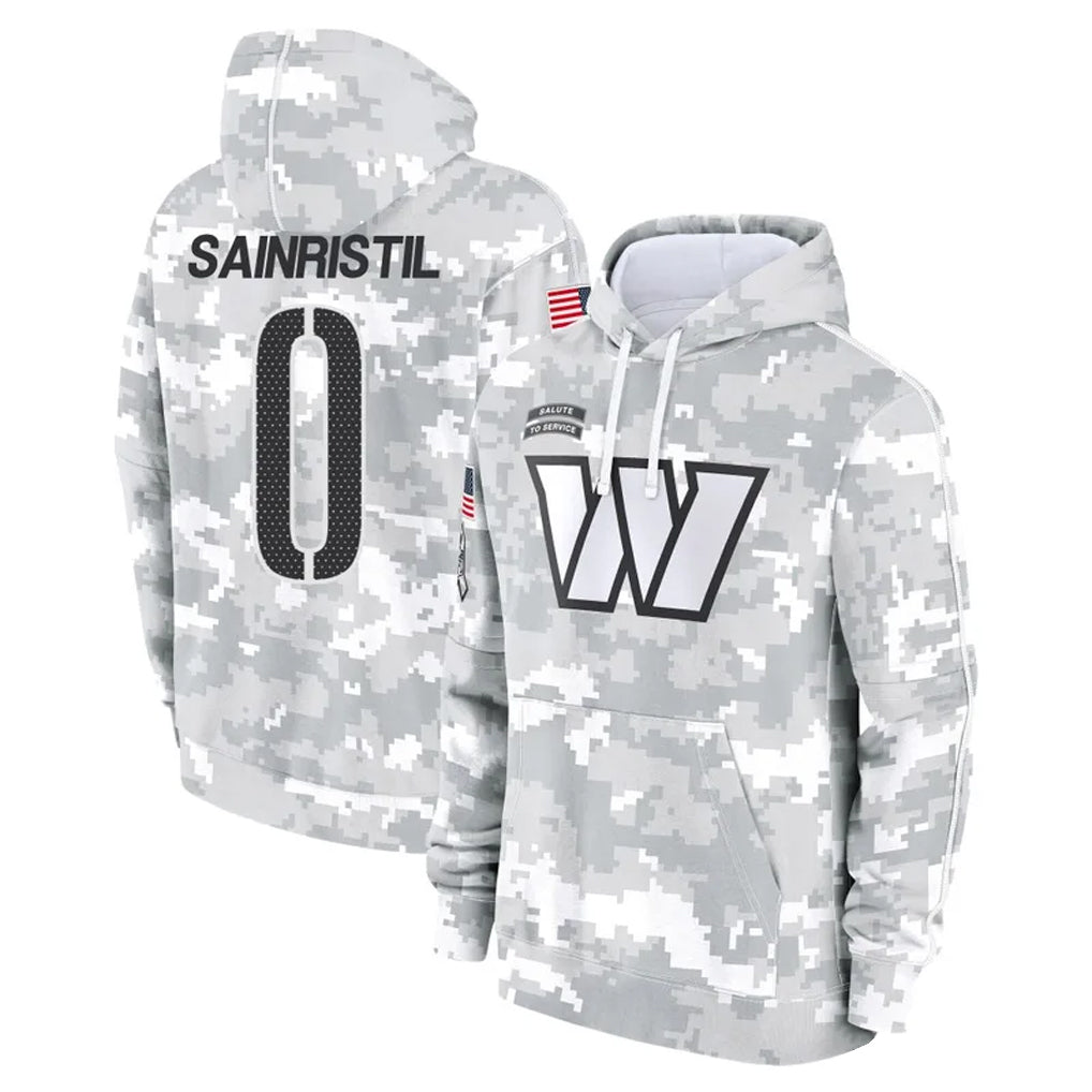 Silnrao W.Commanders #0 Mike Sainristil Player Arctic Camo Salute to Service Hoodies Stitched Jerseys