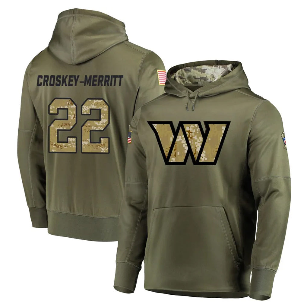 Silnrao W.Commanders #22 Jacory Croskey-Merritt Player Olive Salute to Service Limited Hoodies Stitched Jerseys